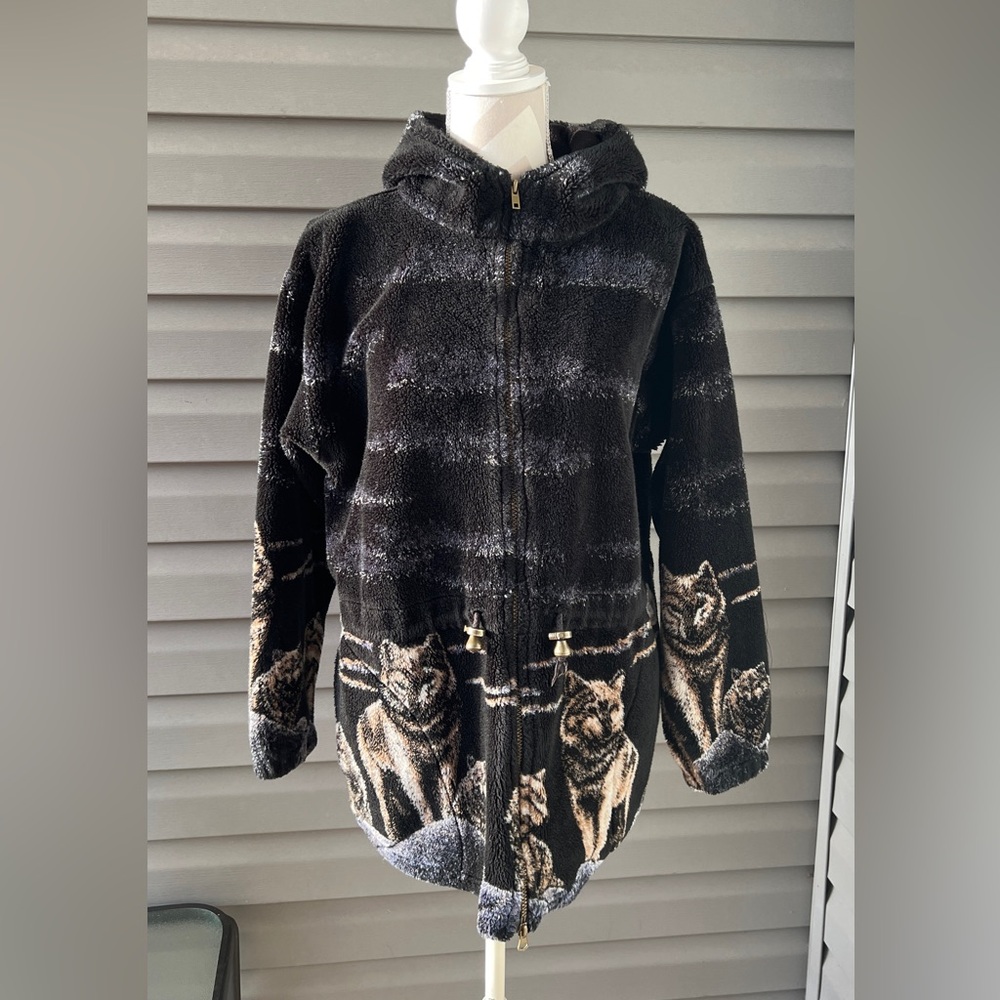 VTG Natural Reflections Wolf Pack Full Moon Fleece Sherpa Hooded Jacket USA Sz M
